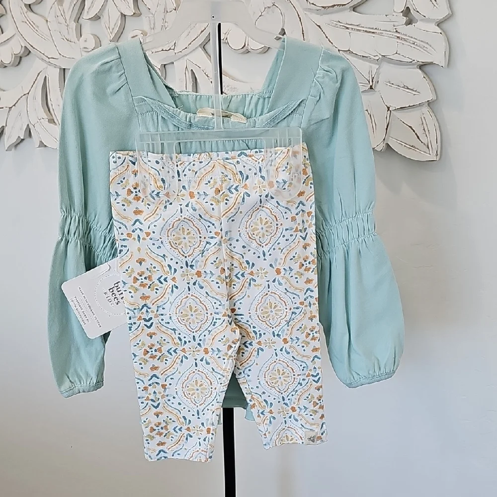 NWT Burt's Bees Girls Light Aqua Organic Cotton Long Sleeve Legging Set. Size 2
